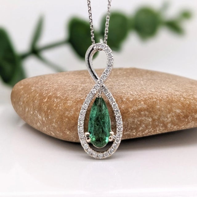 1ct Green Tourmaline Pendant with Earth Mined Diamonds in Solid 14K Gold Pear 11x5 For Sale - Image 9 of 10