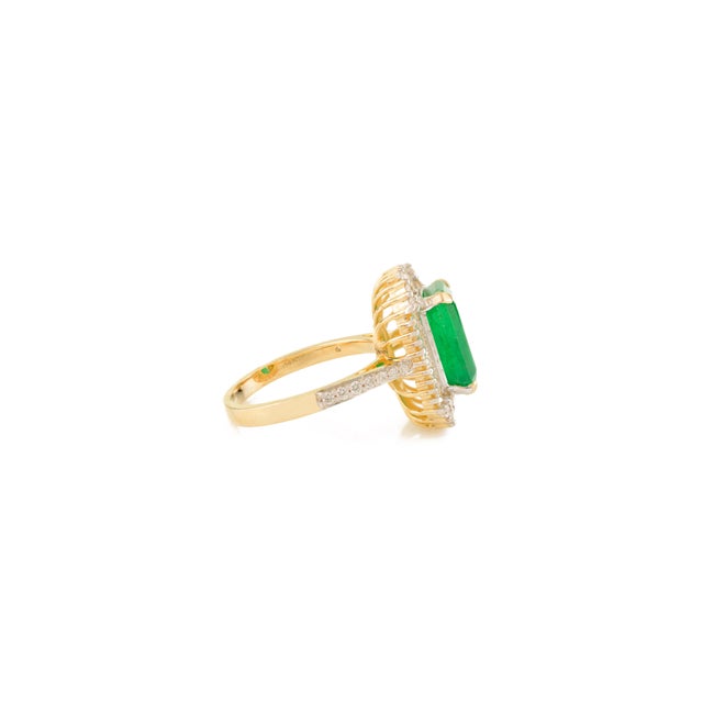 Not Yet Made - Made To Order 14k Solid Gold 4.14 CTW Emerald Cocktail Ring With Halo Diamonds Size 6 For Sale - Image 5 of 11