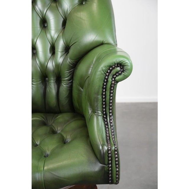 Large English Style Chesterfield Office Chair in Green Cowhide Leather For Sale - Image 9 of 18