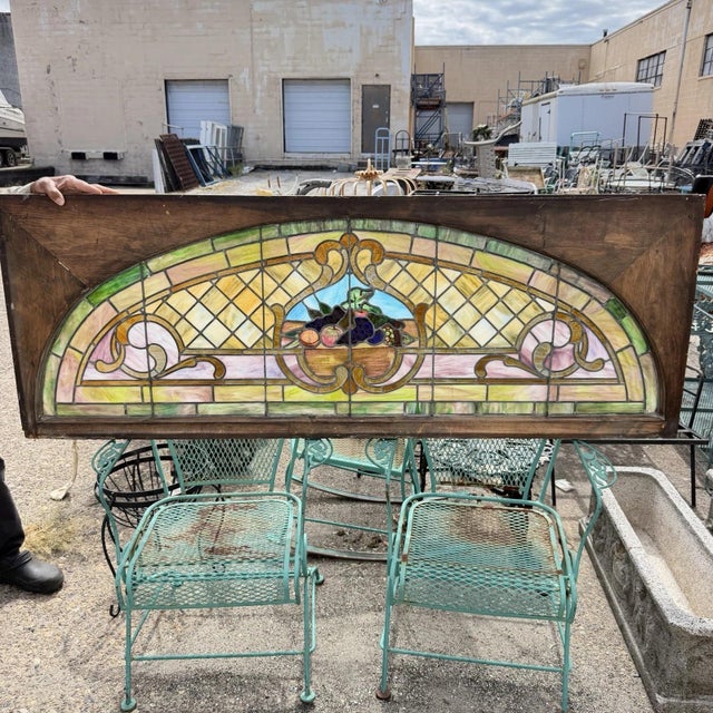 Antique Art Nouveau Colored Stained Glass Fruit 27 X 75 Arched Transom Window, B For Sale - Image 11 of 18