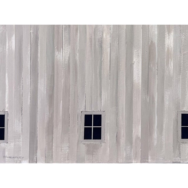 "Double T Ranch" is an acrylic on panel landscape painting by Justin Wheatley, completed in 2026. A tall grey-white barn...