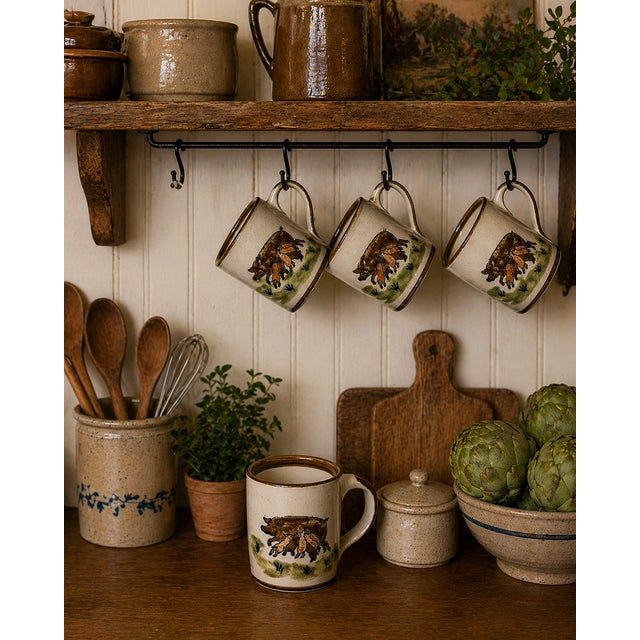Adorable set of 4 vintage Louisville Stoneware mugs made in Kentucky, featuring charming pig and piglet artwork in the...