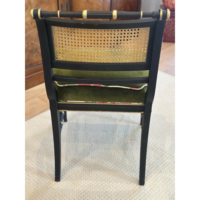 Black Antique Regency-Style Ebonized & Gilt Armchair With Cane Back & Green Velvet For Sale - Image 8 of 9