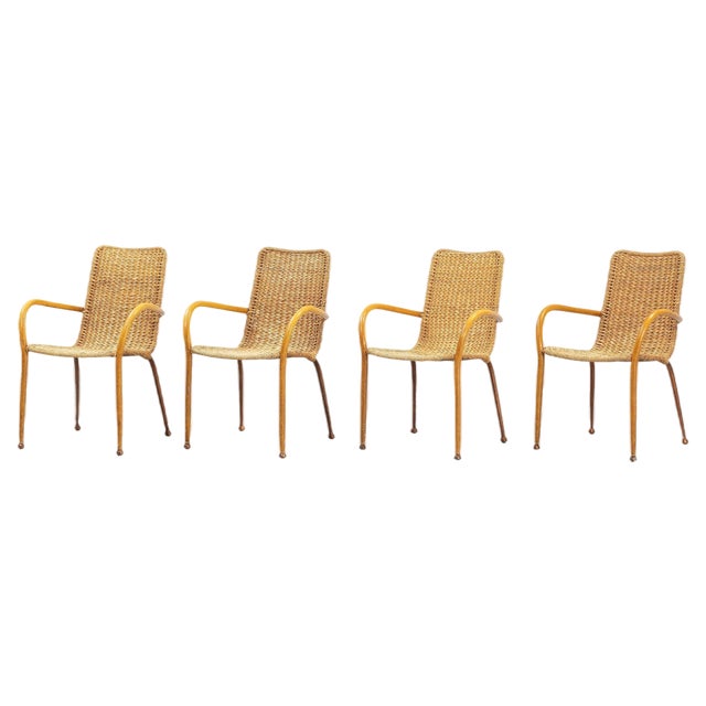 Mid-Century Modern Italian Wicker & Birch Armchairs, 1950s, Set of 4 For Sale