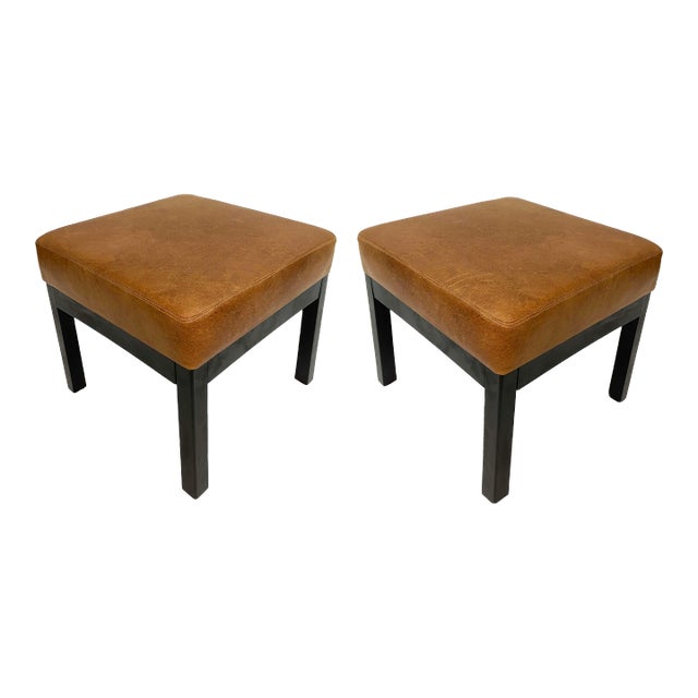 Classic Low Stools in Brown Leather, Pair For Sale