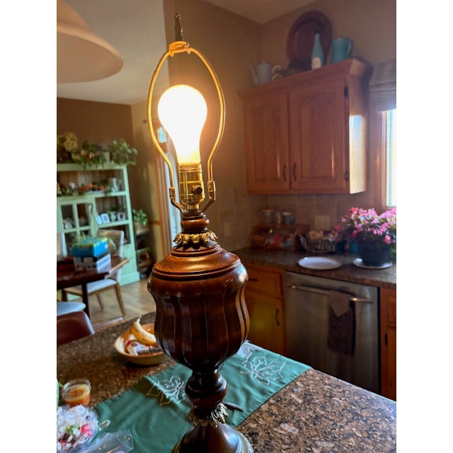 1960s Vintage Brass Wood Table Lamp - Heavy Quality Construction For Sale - Image 5 of 5