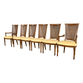 Henredon French Regency Louis XVI Carved Walnut Cane Back Dining Chairs, Set of Six For Sale