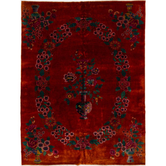 Red Antique Art Deco Handmade Chinese Floral Pattern Wool Rug For Sale - Image 11 of 11