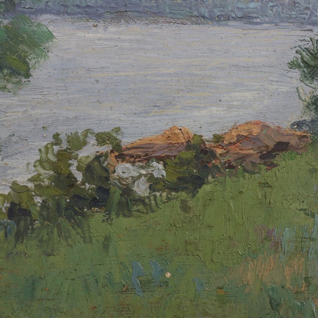 An unsigned oil on board landscape painting in an Impressionist style, described by the seller as circa 1930 and in the...