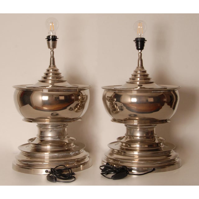 Metal Vintage Chrome Table Lamps Tall Silver and Royal Blue Modern Vase Lamps Set of 2 For Sale - Image 7 of 11