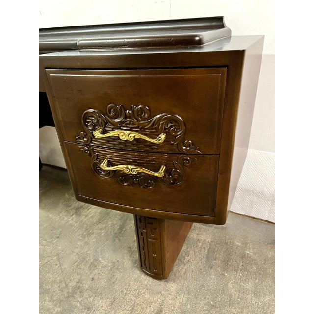 Brown French Hand Carved Art Deco Vanity in the Style of Charles Dudouyt 1939-1949 For Sale - Image 8 of 12