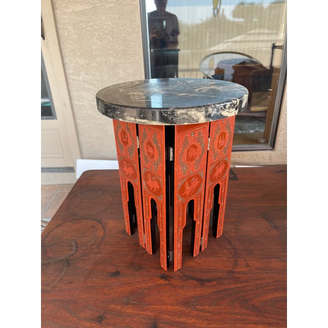 Workaday Handmade Vintage Black Marble Top & BoHo Asian Red Lacquered Wood Base Tabouret Table For Sale - Image 4 of 6
