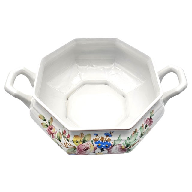 Italian Hand-Painted Porcelain Soup Tureen Set, Octagonal Floral, 16" For Sale - Image 9 of 18