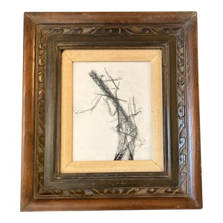 1060’s Original Abstract Charcoal Study Drawing Chunky Carved Wood Frame For Sale