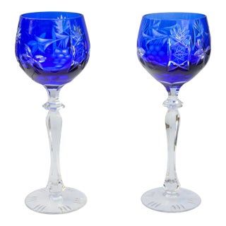 Mid 20th Century Blue Handblown Cut-to-Clear Crystal Stems- Set of 2 For Sale