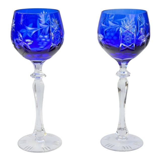 Mid 20th Century Blue Handblown Cut-to-Clear Crystal Stems- Set of 2 For Sale