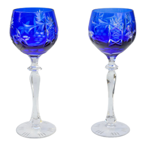 Mid 20th Century Blue Handblown Cut-to-Clear Crystal Stems- Set of 2