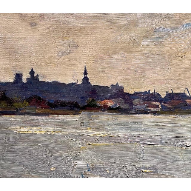 Boris Lavrenko, Backlight on the River, Northern European City, 1970s, Oil Painting For Sale - Image 6 of 8