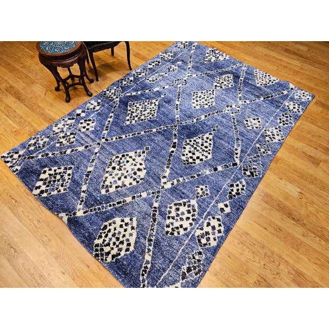 Vintage Moroccan Rug, Hand-Knotted Wool, All-Over Geometric Pattern, Blue & Ivory, 6’ X 9’ For Sale - Image 12 of 12