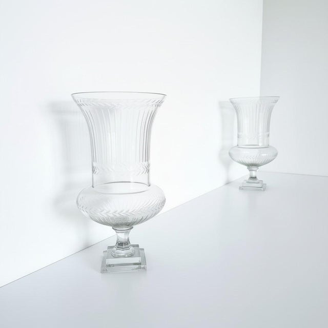Large Antique French Belle Epoque Glass Crater Amphora Vases in the style of Baccarat, 1900s, Set of 2 For Sale - Image 3 of 14