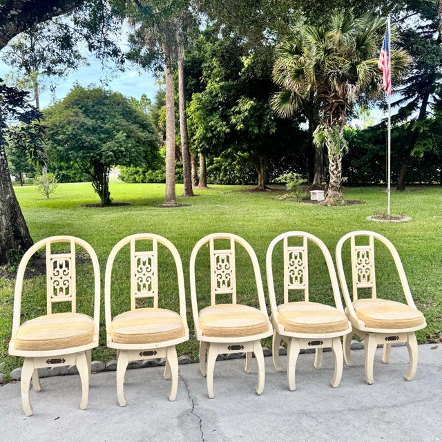 This elegant set of five Ming-style dining chairs features graceful Asian-inspired curves and detailed fretwork backrests....