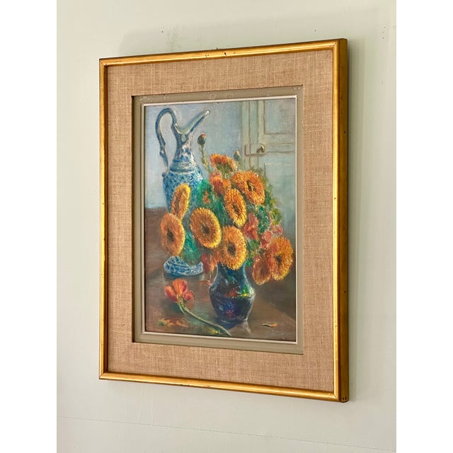 Orange French Mid-Century Floral Still Life in Orange and Blues Oil on Board, Initialed, Dated 1957 For Sale - Image 8 of 13