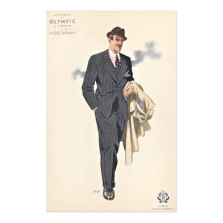 1936 French Art Deco Men's Tailoring Fashion Lithograph, Matted For Sale