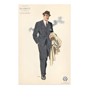 1936 French Art Deco Men's Tailoring Fashion Lithograph, Matted