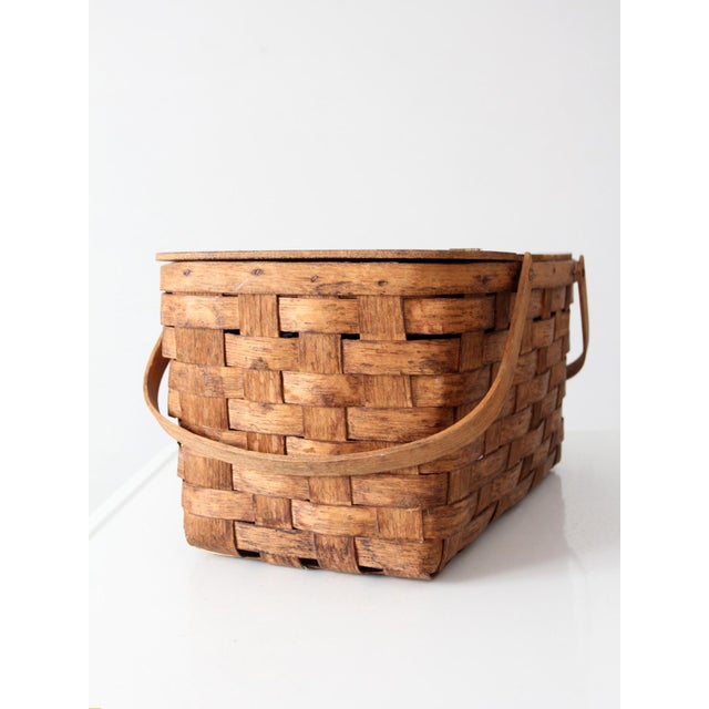 Mid 20th Century Vintage Splint Wood Picnic Basket For Sale - Image 5 of 16
