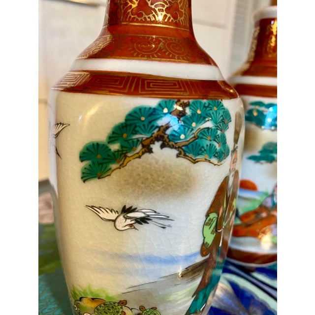 Pair of Antique Japanese Kutani Tozan Meiji Era Hexagonal Porcelain Vases For Sale - Image 4 of 11