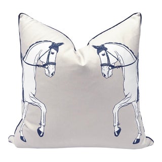 Marching Horses 20" Throw Pillow, Cream With Navy Trim For Sale