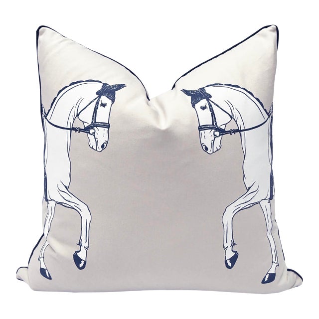 Marching Horses 20" Throw Pillow, Cream With Navy Trim For Sale