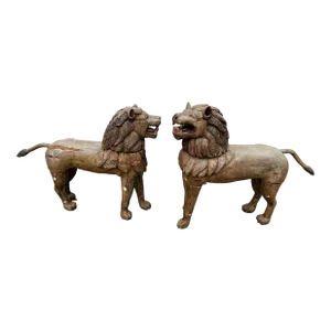 19th Century Antique Large Carved Wood European Lions a Pair