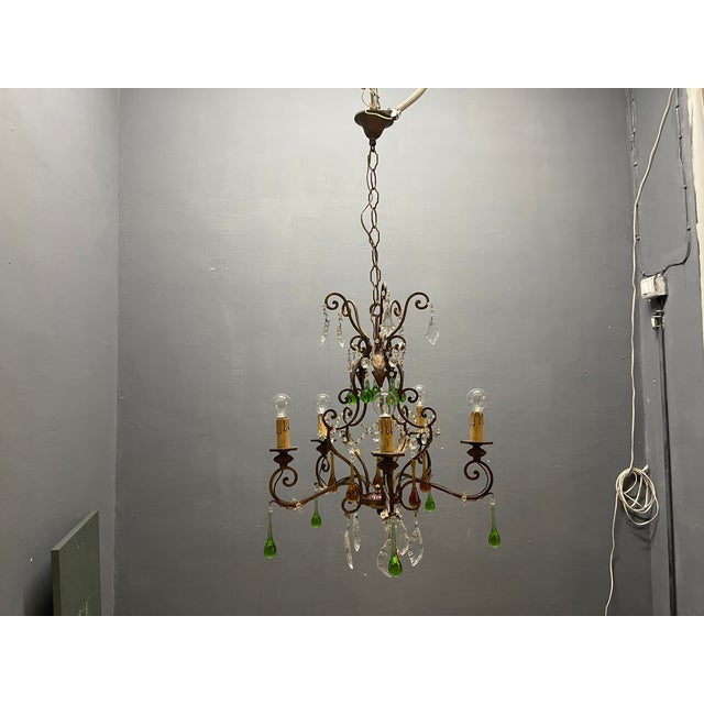 Italian 5-Light Tole Chandelier with Green and Amber Murano Glass Drops, 1950s For Sale - Image 12 of 16