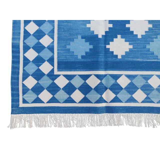 Royal Blue Handmade Cotton Star and Gingham Rug 10x14 For Sale - Image 8 of 11