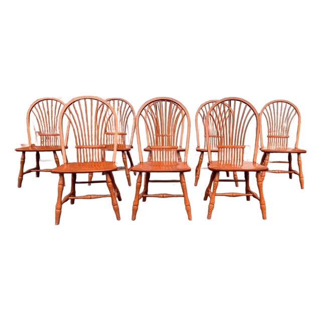 Vintage Edrich Mills Windsor Bow Back Oak Dinning Side Chairs. Set of 8 For Sale
