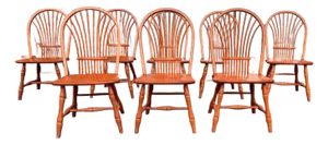 Vintage Edrich Mills Windsor Bow Back Oak Dinning Side Chairs. Set of 8