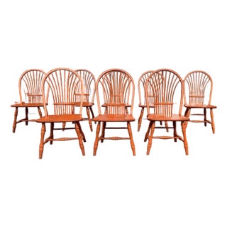 Vintage Edrich Mills Windsor Style Bow Back Oak Dinning Side Chairs. Set of 8 For Sale