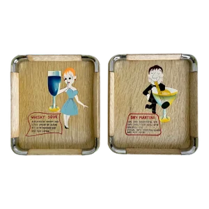 Pair of MCM Wood and Metal Petite Drink Recipe Trays