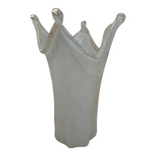 Murano Twisted Points Iridescent White Art Glass Vase For Sale