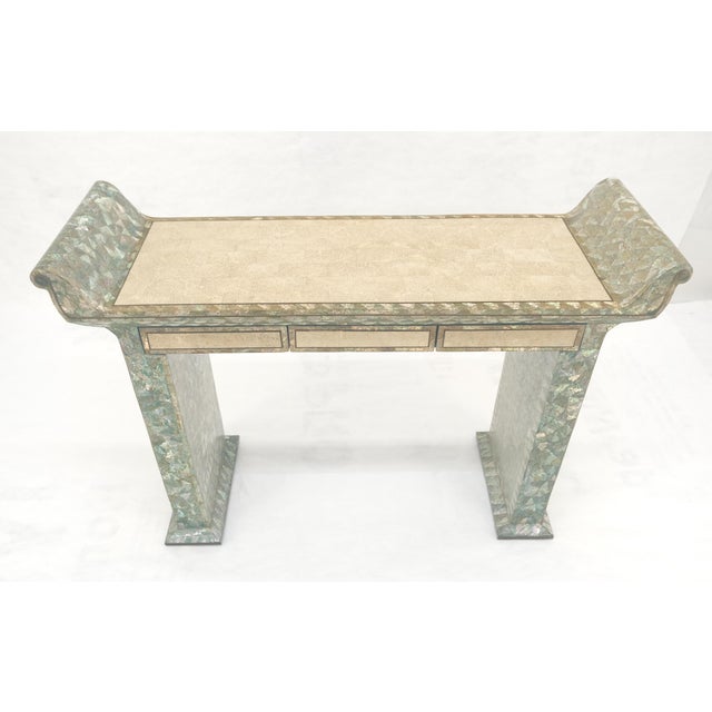 Fine Tessellated Stone Tile Mother of Pearl Rolled Edges 3 Drawers Console Table MINT