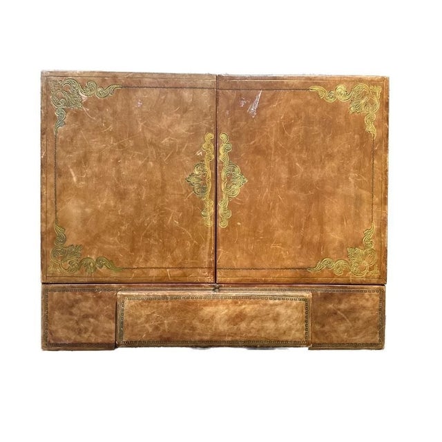 English Victorian Antique Leather Writing Box slope, tan leather with gold-tooled filigree, portable letter desk. This...