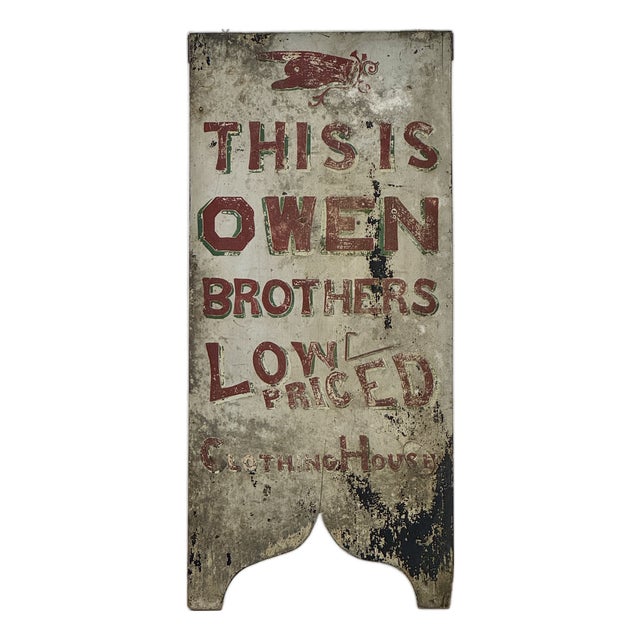 Salvaged Early 20th Century Antique Wood Trade Sign Advertising "Owen Brothers Clothing House", Hand Painted For Sale