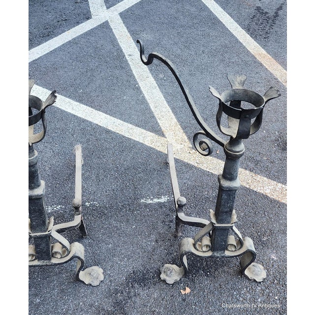 Pair Early Antique French Wrought Iron Basket Top Andirons / Firedogs With Crane Pot Bar 28" For Sale - Image 13 of 16