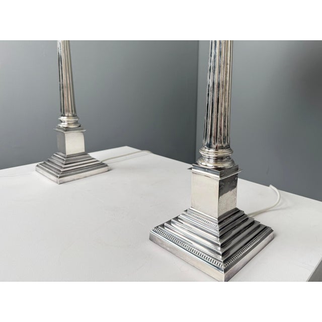 Metal Silver-Plated Table Lamps with Corinthian Columns, England, 1970s, Set of 2 For Sale - Image 7 of 11