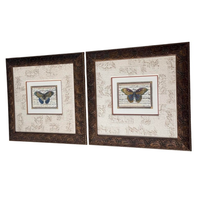 Wood Pair of John Richard Collection Butterfly Music Sheet Framed Art For Sale - Image 7 of 12