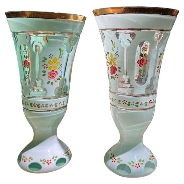 Aqua Antique Bohemian Blue Opaline Glass Goblets with Gilt Rims and Florals, Set of 2 For Sale - Image 8 of 8