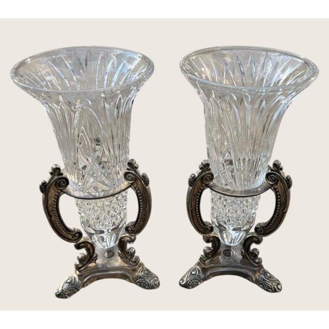 Vintage Godinger Cut Crystal Urn Vases Silverplate Ornate Stands Pair 11" For Sale - Image 10 of 10