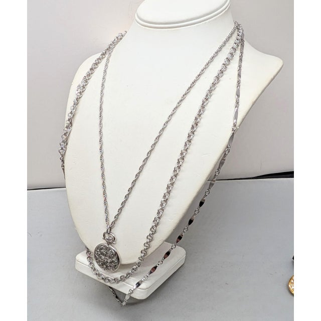 1960s Vintage 1964 Signed Napier Silvertone Victorian Pocketwatch Style Pendant Necklace For Sale - Image 5 of 8