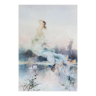 19th Century Art Nouveau Style Portrait of a Maiden and Putti Watercolor Painting, Framed For Sale